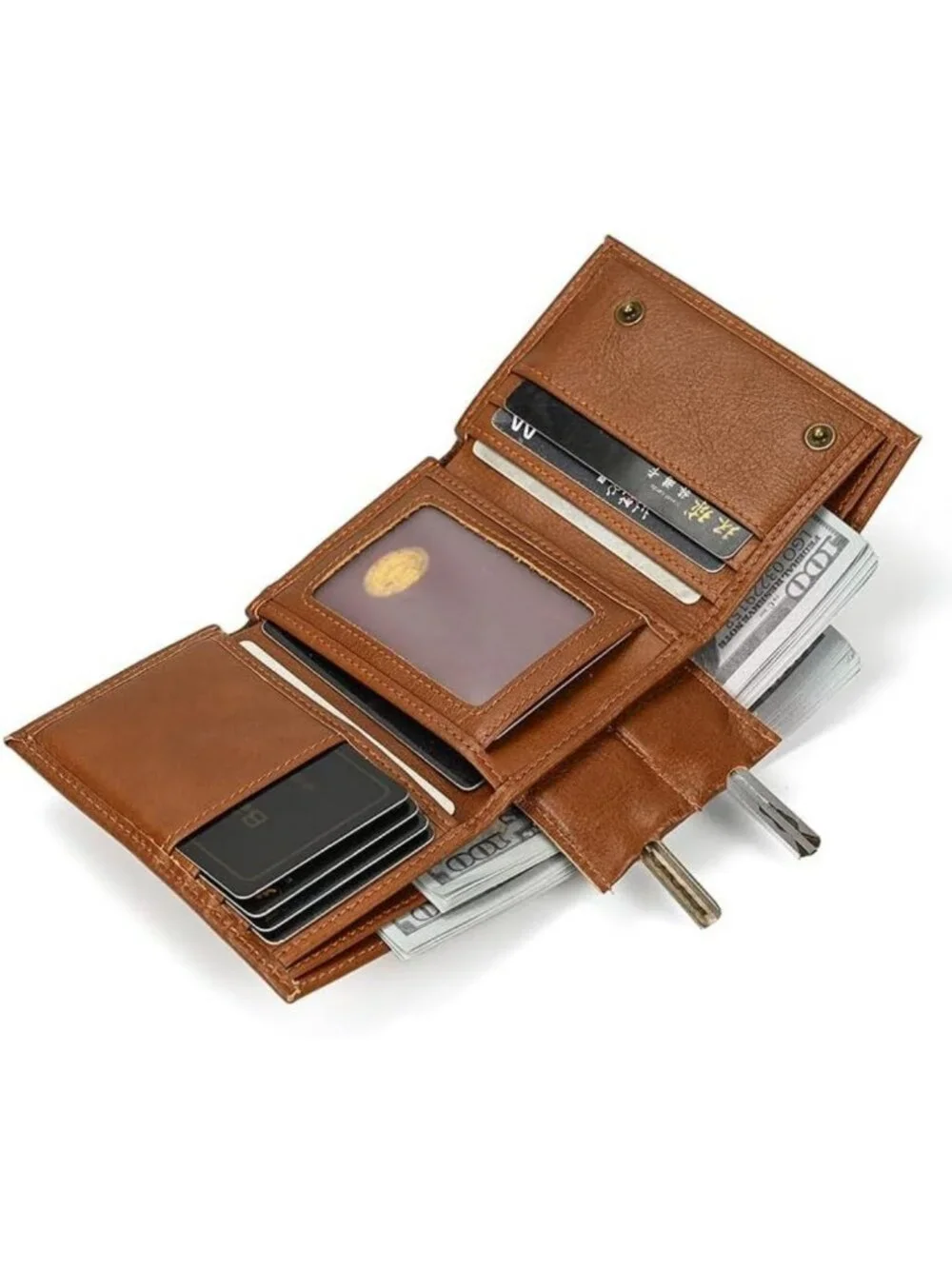 Genuine Leather Trifold Wallet with RFID Blocking & Chain for Bikers, Motorcycle